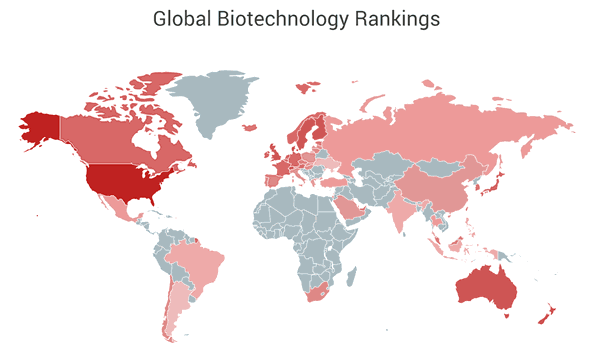 World map that shows global biotechnology ranking based by country.